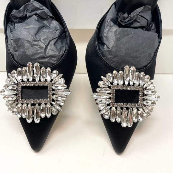 Good American Jeweled Satin Slipper Mules Heels In Black Size 9 New - Picture 8 of 15